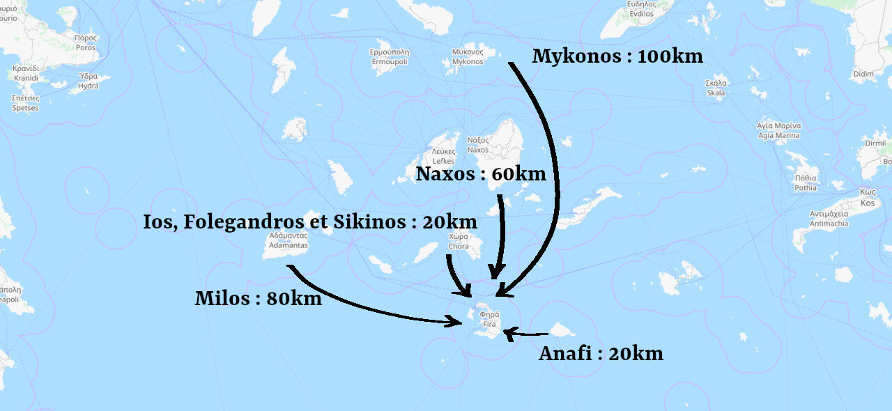 carte avec distances entre Santorin et Cyclades