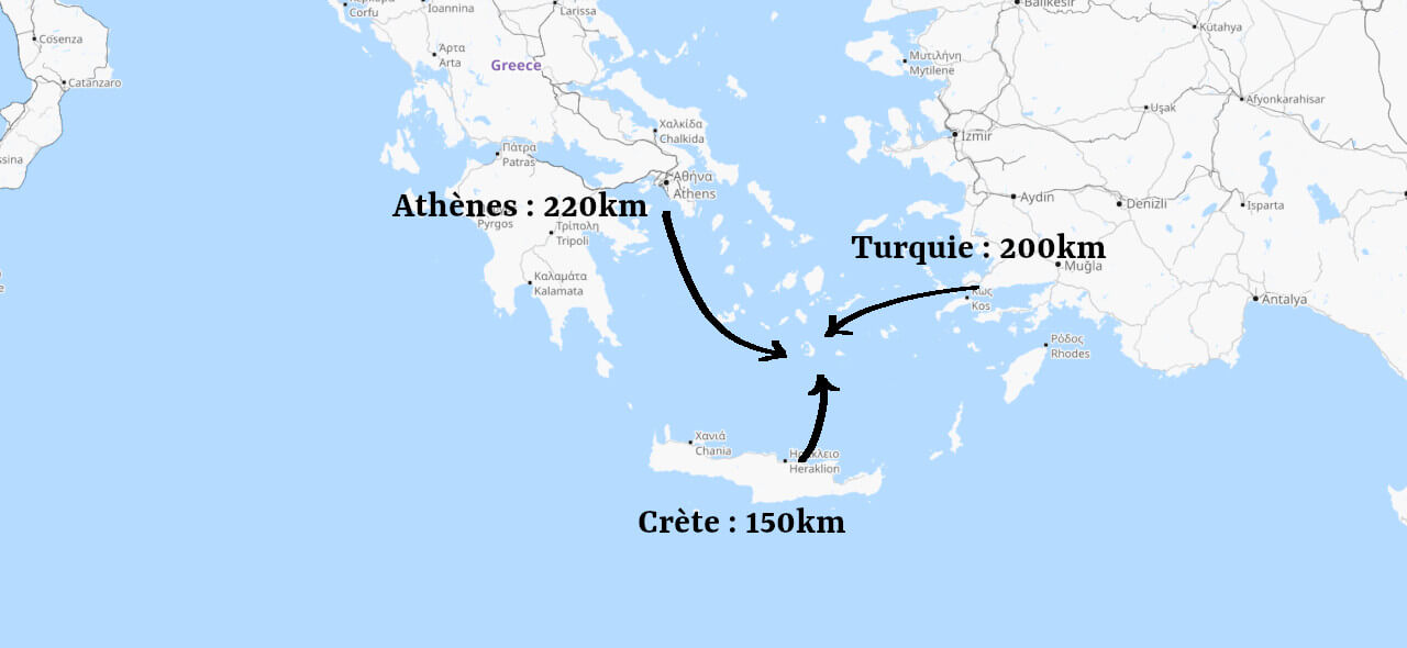 carte avec distances entre Santorin et îles proches