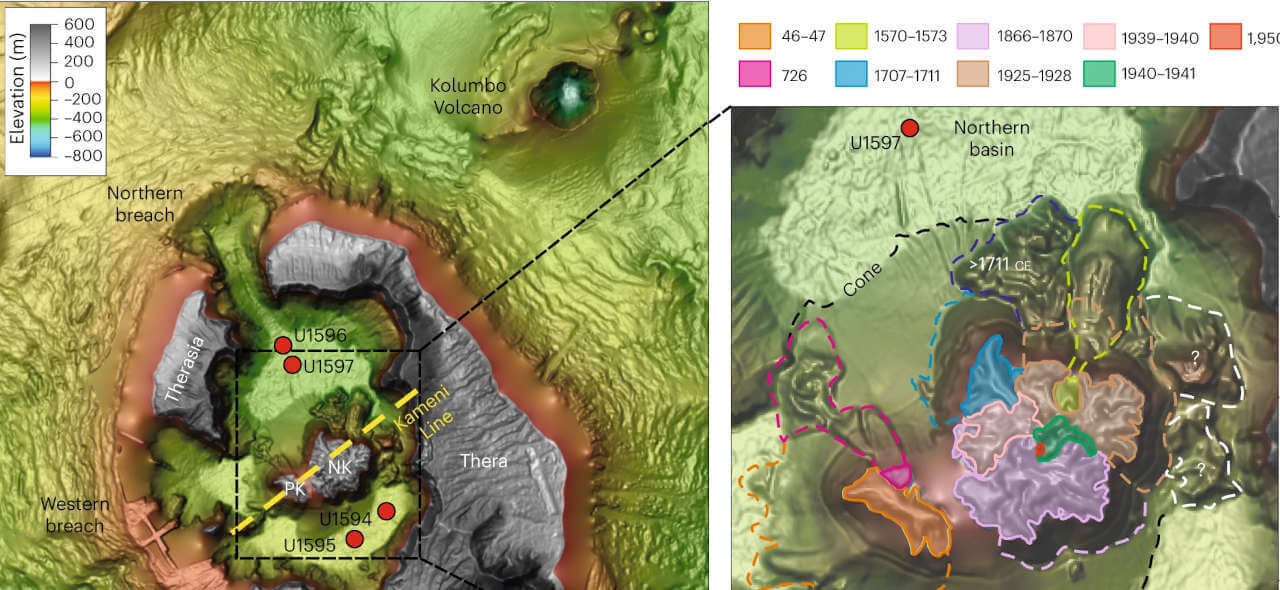 Kameni, le volcan qui gronde au centre de la caldeira 1 Kameni : coulées de lave sous-marine